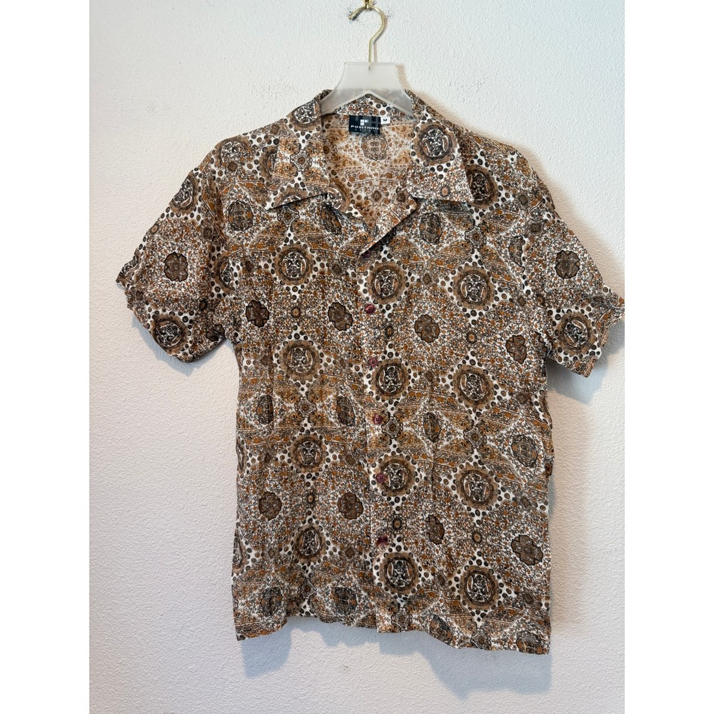 Positano Mens Medium Brown Medallion Paisley Short Sleeve Button Down Shirt